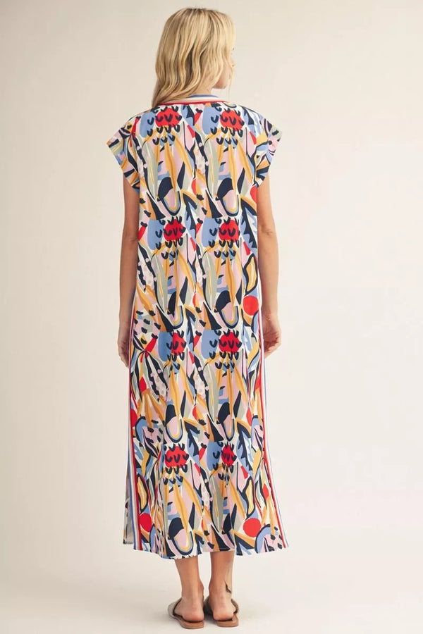 Drop Shoulder Multi Color Geo Print Midi Dress
