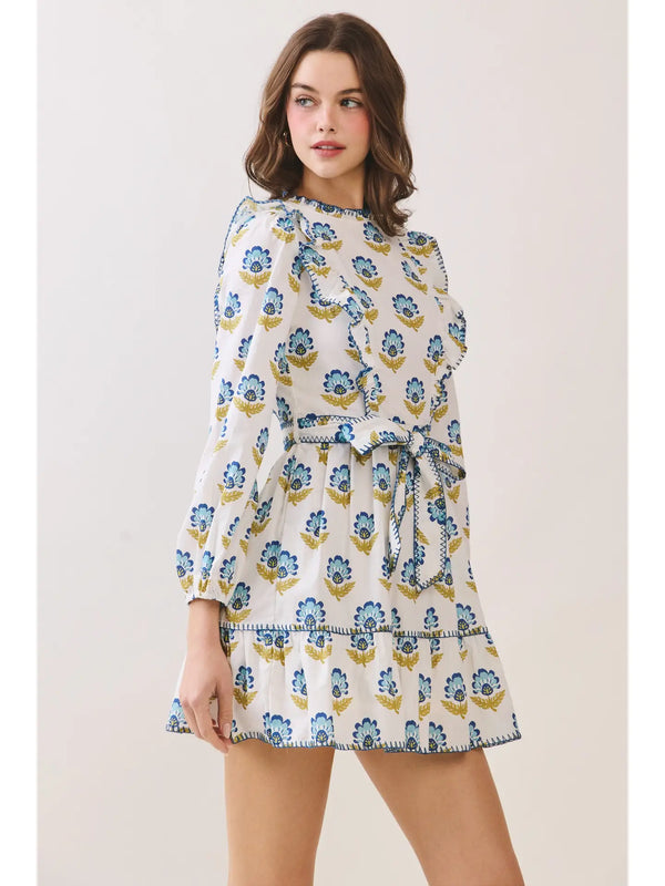 Floral Print Ruffle Accents Self Tie Mini Dress