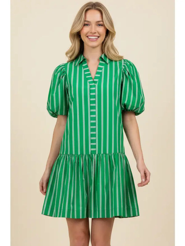 Stripe Green Puffed Sleeve Mini Dress