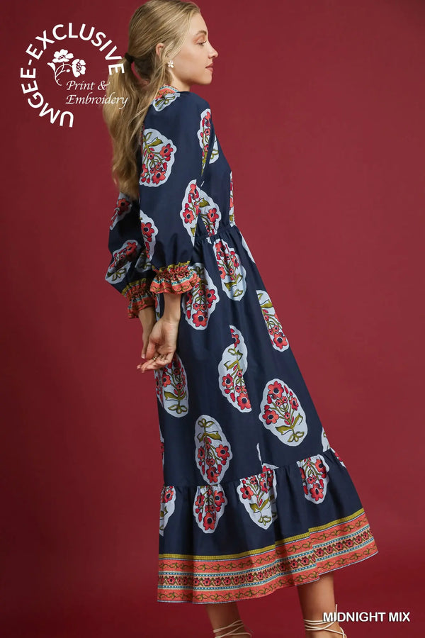 Midnight Flower Patch Boarder Print V-Neck Midi Dress