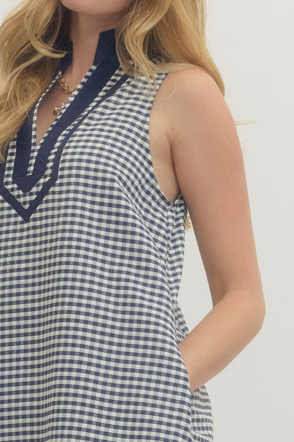 Navy Gingham Sleeveless Mini Dress w Contrast Trim