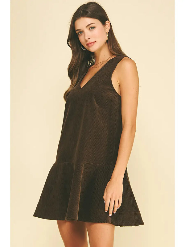 Corduroy Flowering Hem Mini Dress | Dark Mocha
