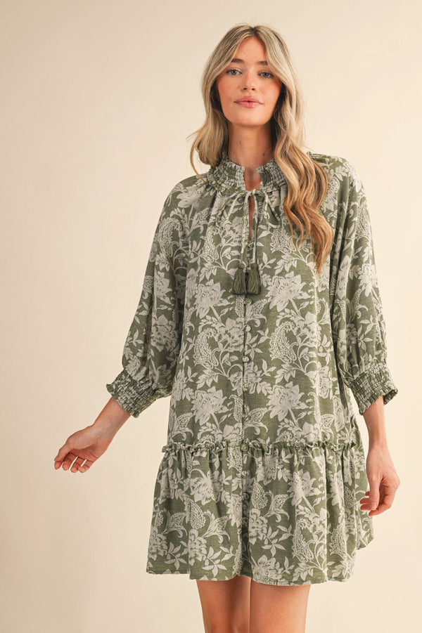 Olive Floral Jacquard Smocked Mini Dress