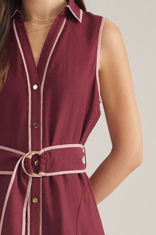 Sleeveless Burgundy Midi Dress w Contrast Piping & Belt