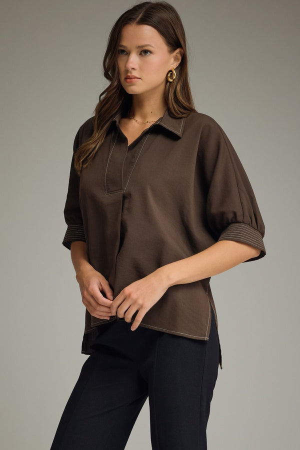 Brown Short Sleeve Top w Split V-Neck & Contrast Stitch detail