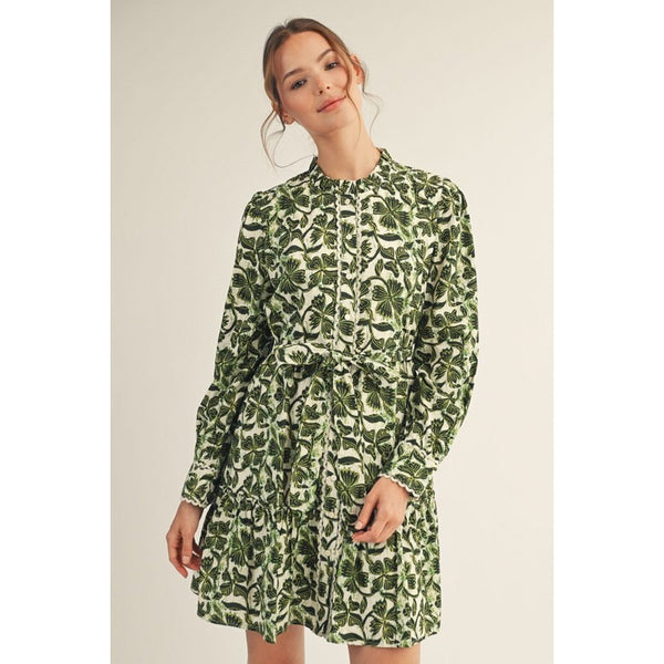 Olive Lace Trim Button Down Floral Dress