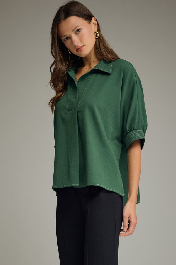 Green Short Sleeve Top w Split V-Neck & Contrast Stitch detail