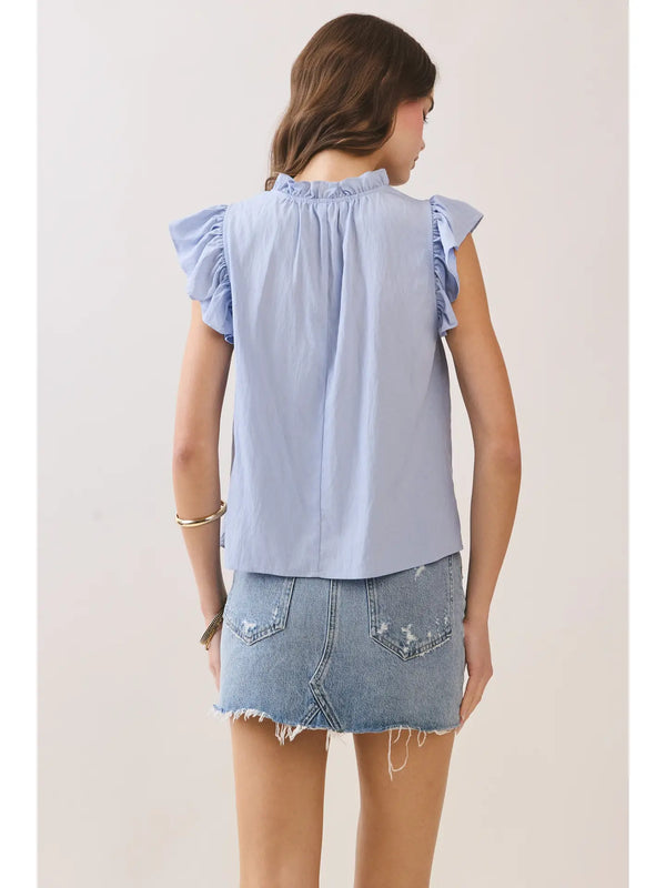 Soft Blue Ruffled Mock Neck Top with V-Notch Detail
