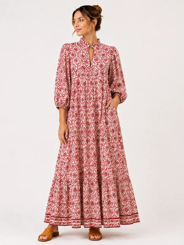 Red Geometric Maxi Puff Sleeve Dress W Pockets