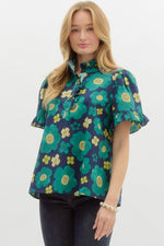 Navy Top with Green Floral Mix