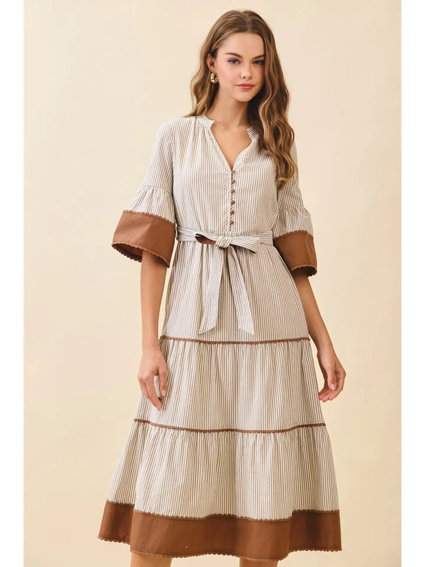 Striped Split Neck Contrast Trim Detail Midi Dress