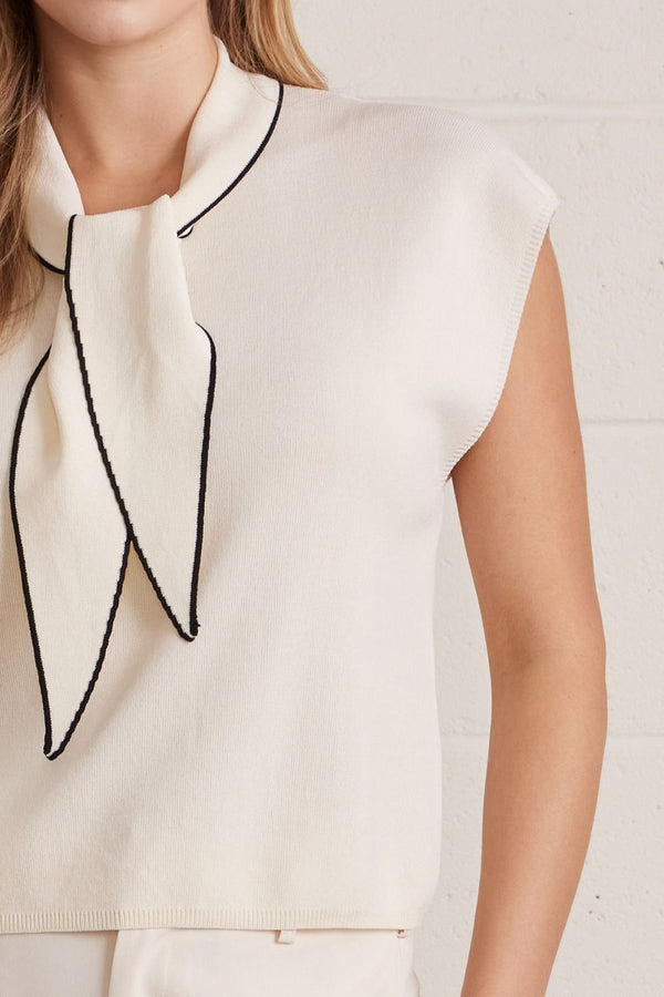Cream Sleeveless Sweater Top Featuring Self-Tie scarf