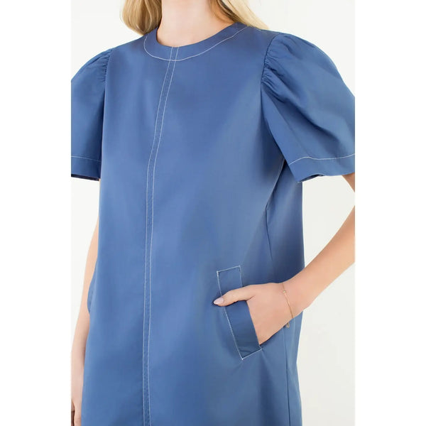Blue Short Sleeve Contrast Stitch Dress