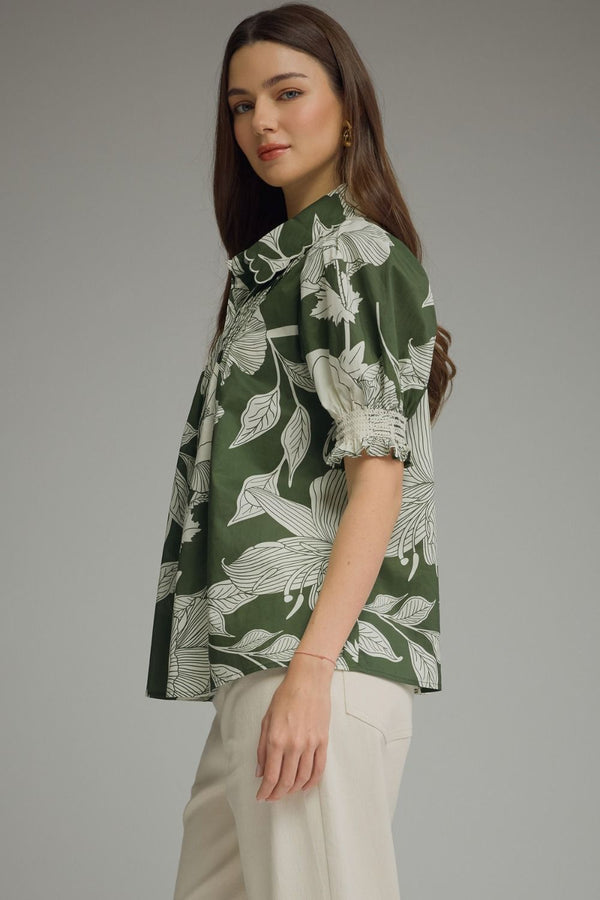 Floral Fern Print Puff Sleeve Top Featuring Scallop Trim