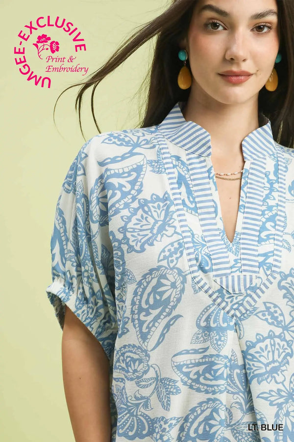 Botanical Print Mixed Trim Tunic Top - Lt Blue