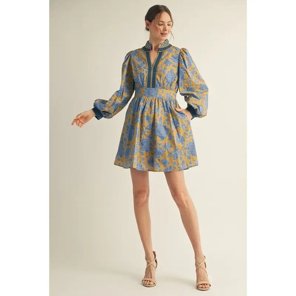 Blue Ruffled Neck Floral Dress