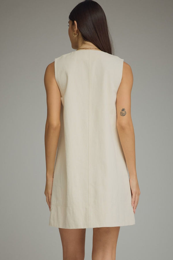 Ecru Mini Dress Featuring Front Pockets With Metal Accent