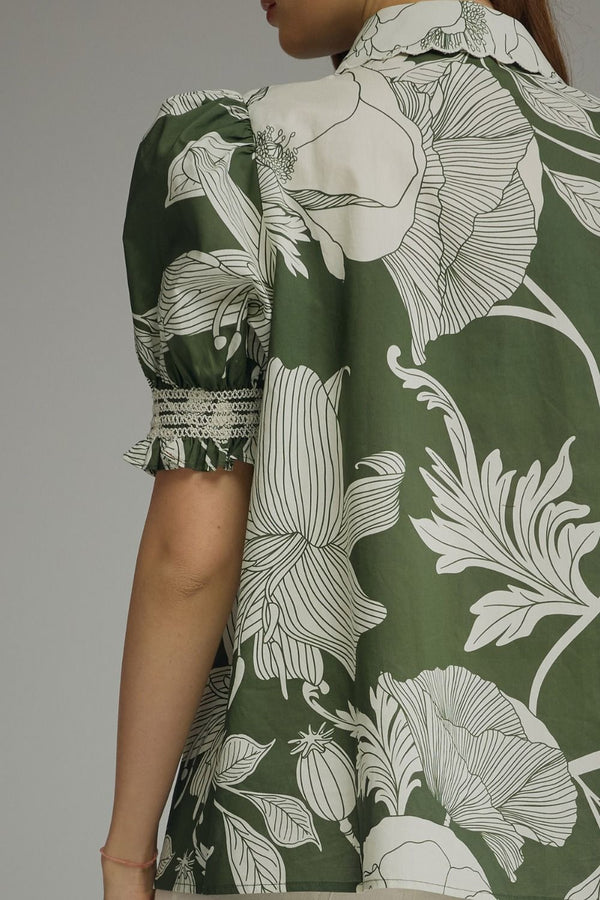 Floral Fern Print Puff Sleeve Top Featuring Scallop Trim