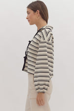 Lace Trim Tie Front Stripe Cardigan