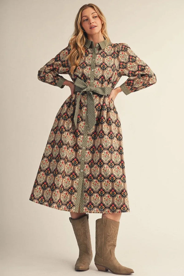 Black Multi Long Sleeves Button Down Floral Midi Dress w Belt