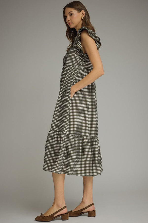 Olive Gingham Ruffle Cap Sleeve Midi Dress