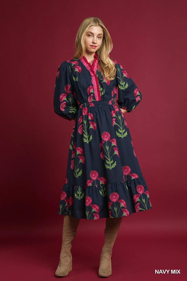 Navy Floral Midi Dress with Ruffle Trim and Elastic Waist
