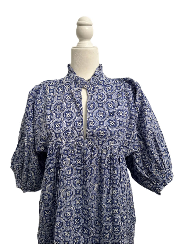 Blue Geometric Maxi Puff Sleeve Dress W Pockets
