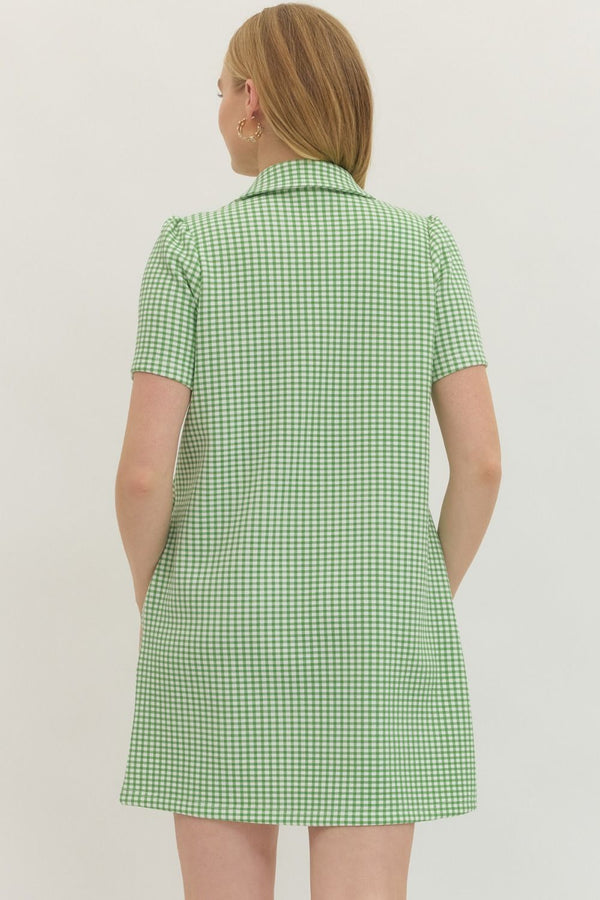 Green Gingham Print Mini Dress w Half Zip Detail