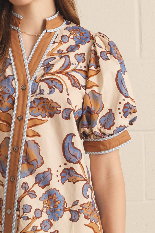 Ecru & Floral Print Puff Sleeve Top featuring Contrast Binding