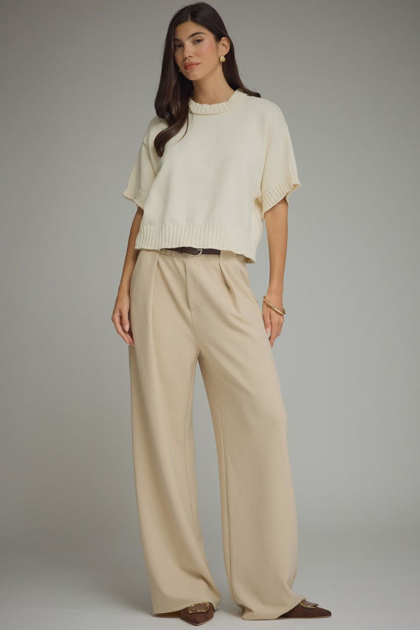 Ecru Short Sleeve Knit Top w Ribbed Trim Detail