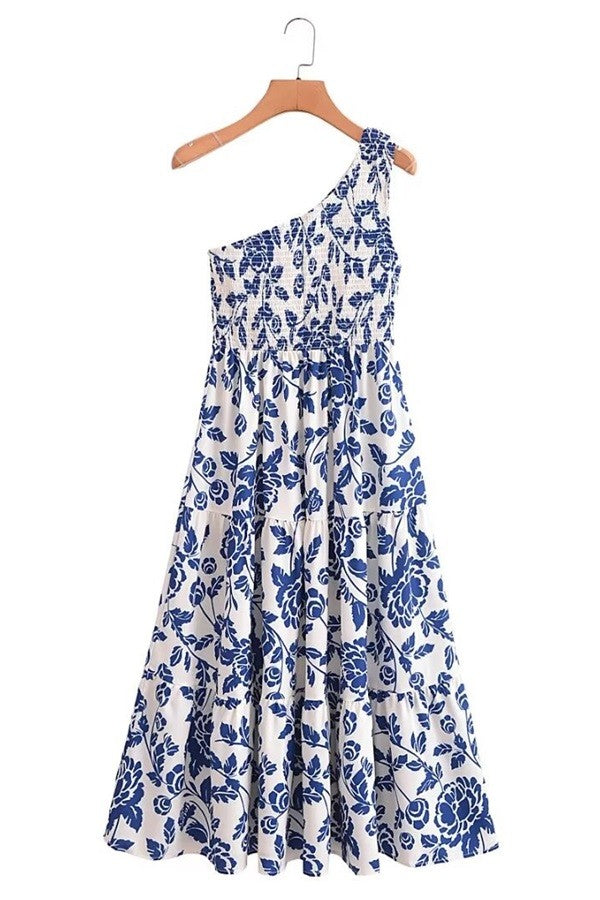 FLORAL PRINT ONE SHOULDER SMOCKED DRESS