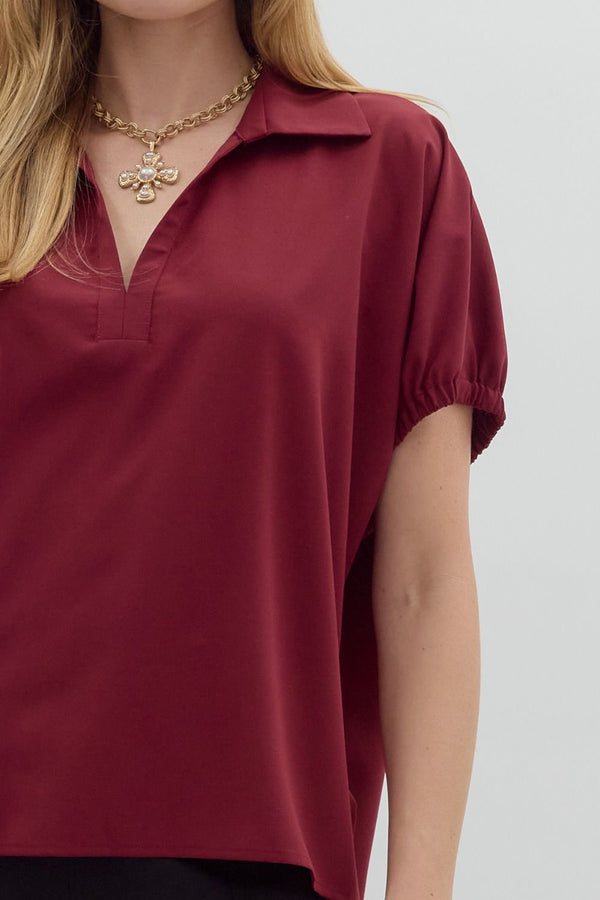 Solid Burgundy Short Sleeve Split Collar