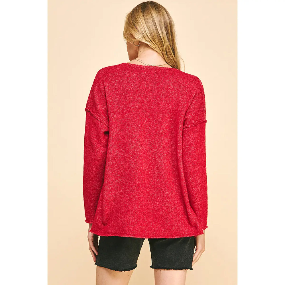 Soft V Neck Knit Sweater - Red