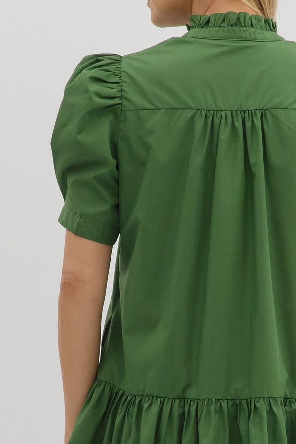 Forest Green Pleated Puff Sleeve Ruffle Mini Dress