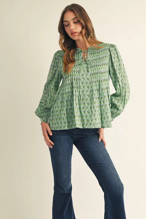 Floral Tie-Front Blouse in Green