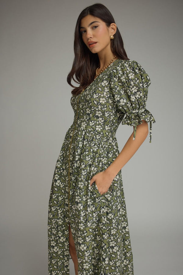 Olive Floral Print Puff Sleeve Midi Dress w Front Zipper Closure