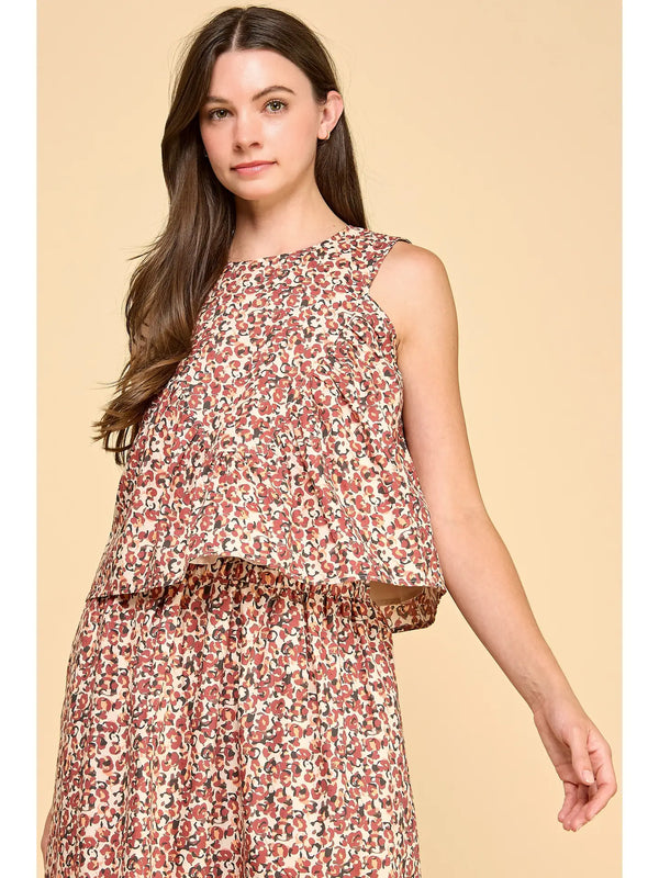 Floral Print Pleated Detail Flowy Design Top Burgundy