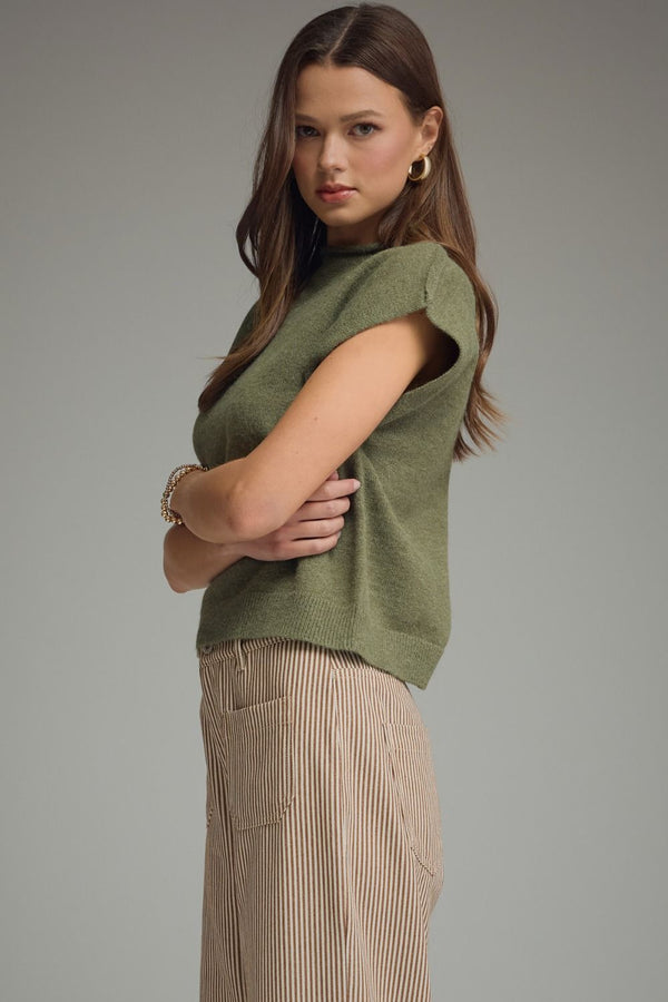 Olive Cap Sleeve Top w Rolled Mock Neck