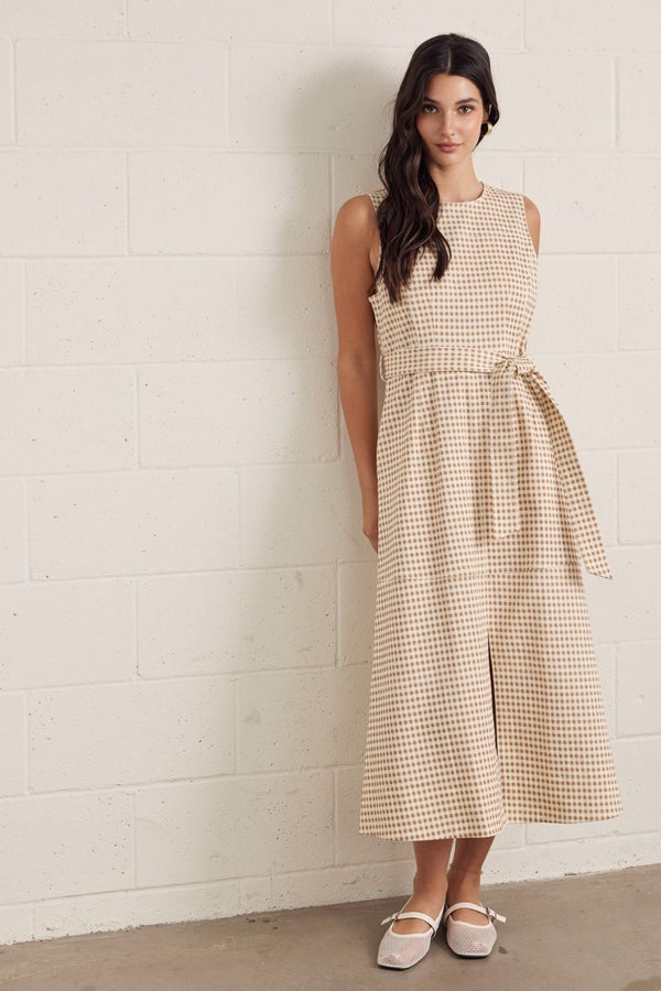 Tan Gingham Midi Dress w Self-Tie Waist Detail