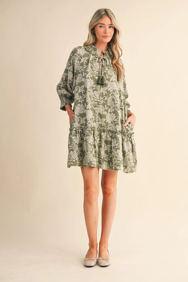 Olive Floral Jacquard Smocked Mini Dress