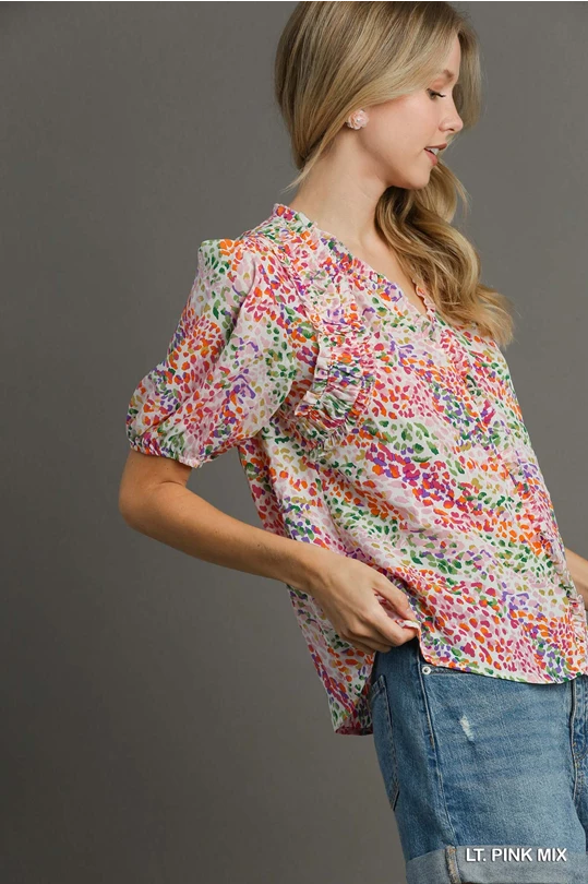 Abstract Print Top with Ruffle Trim