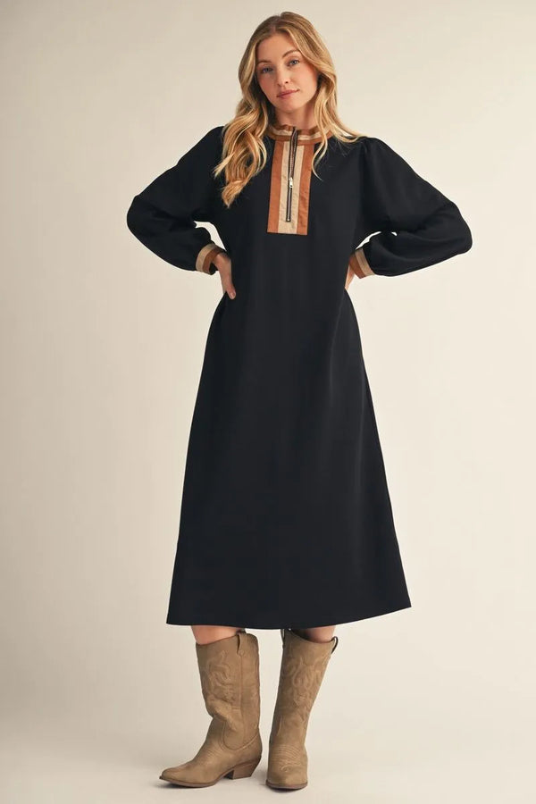 Black Long Sleeves Midi Dress w Color Contrast & Front Zip Up