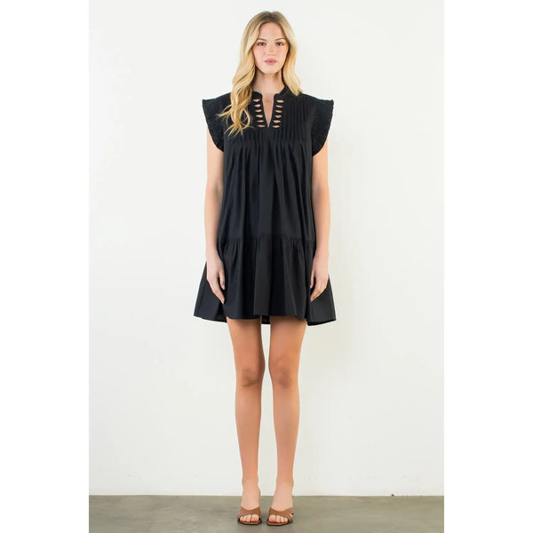 Black Pleated Split Neck Bow Detail Dress