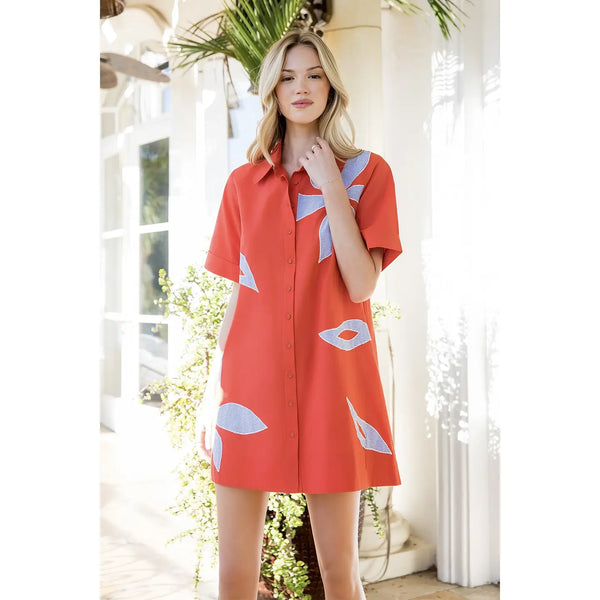 Orange Short Sleeve Floral Embroidery Dress