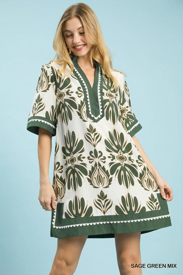 Sage Green Mix Border Print Dress w/ Contrast Trim
