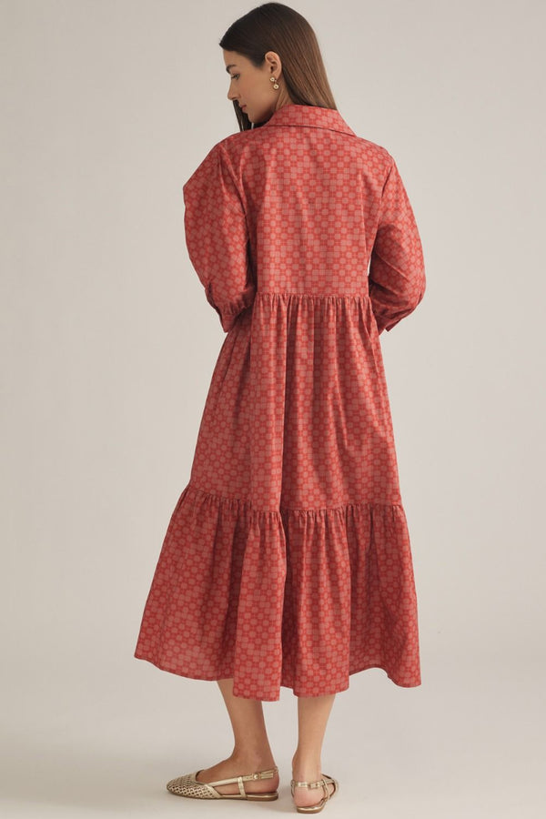 Rust Geometric Print ¾ Balloon Sleeve Midi Dress
