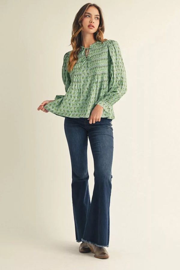 Floral Tie-Front Blouse in Green
