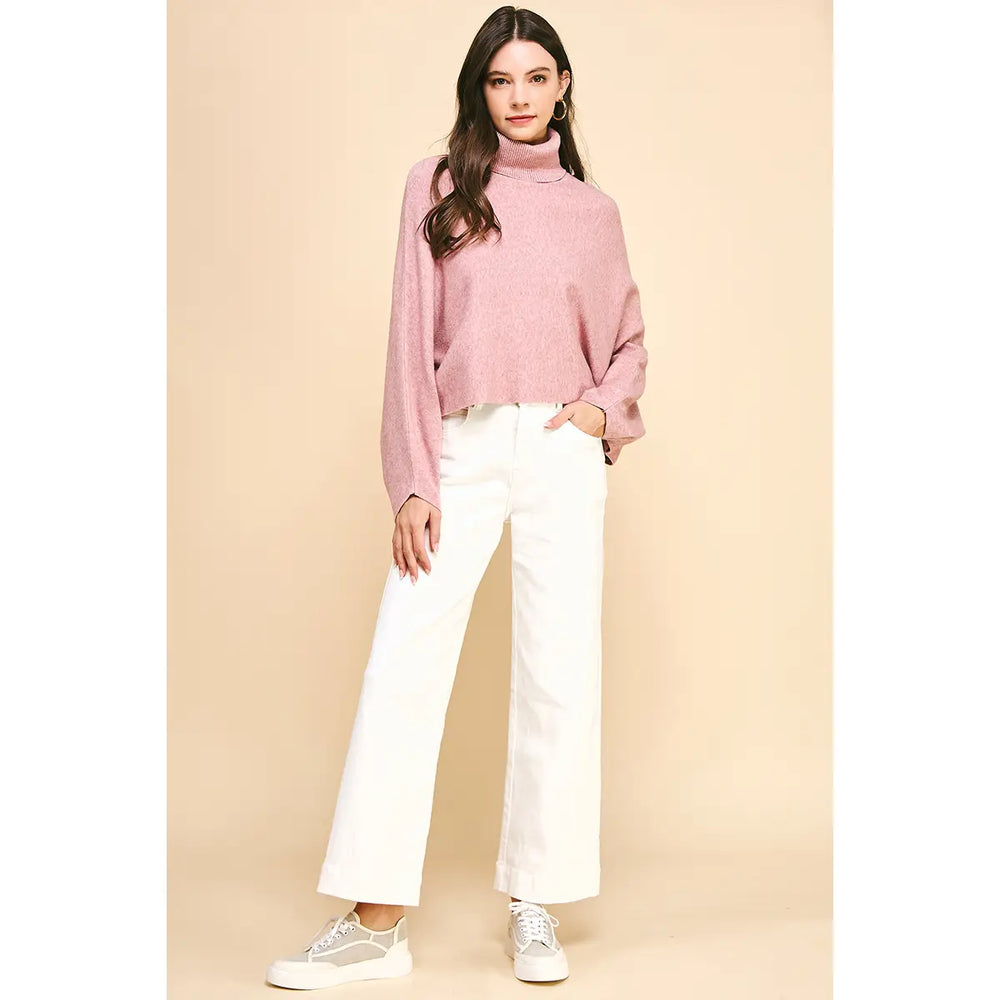 Turtle Neck Raglan Sleeve Sweater - Dusty Pink