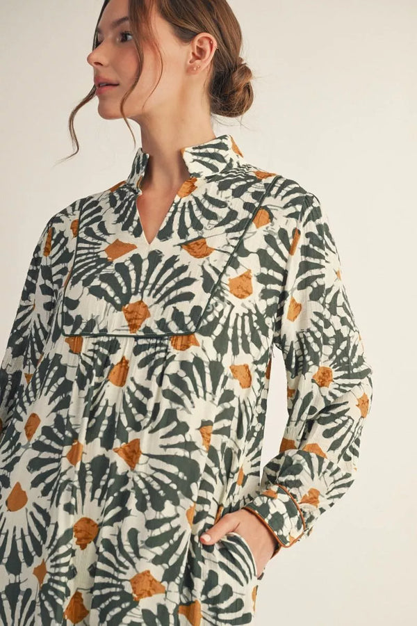 Olive Boho Print Midi Dress