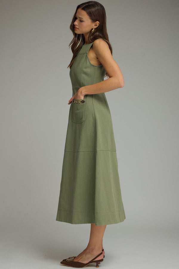 Olive Sleeveless Midi Dress w Horsebit Accent Detail